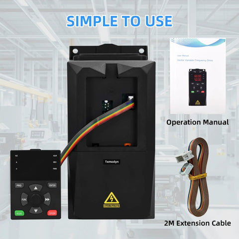 Three Kilowatt VFD Variable Frequency Drive Inverter Controller with operation manual and 2m extension cable visible
