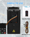 VFD Inverter 1.5KW 2HP 220V Single Phase To 3 Phase Output 0 to 400 Hz 7A Drive Plug And Play For CNC Spindle Speed Control And DIY Milling Machine Pro Grade For Precision Milling CNC Router Projects And Hobby Shops, black unit with keypad, manual, and 2m cable