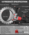 Heavy Duty 16-Inch Electric Concrete Ring Saw With Water Pump showing circular saw blade, splash guard, and handles for masonry.