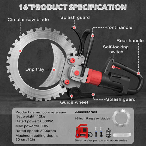 Heavy Duty 16-Inch Electric Concrete Ring Saw With Water Pump showing circular saw blade, splash guard, and handles for masonry.