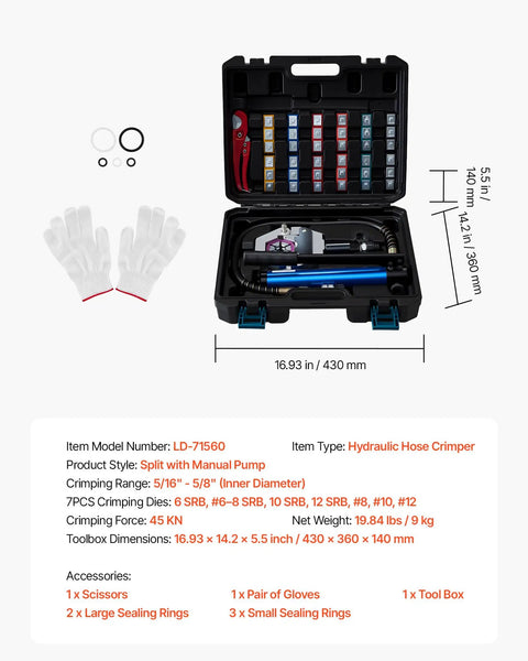 Hydraulic Hose Crimper Kit for Automotive Air Conditioning Repair With Seven Dies and Snap-On Carrying Case, detailed view
