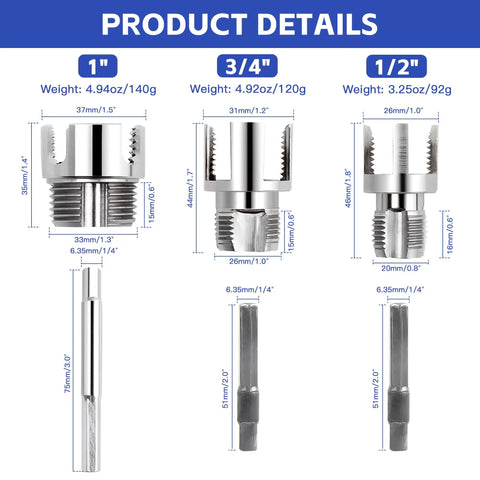 Four In One Water Pipe Wrench And Pipe Tapping Tool Set for 1 inch, 3/4 inch, 1/2 inch fittings with dimensions and weights shown.