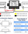 Diagram of a waterproof car mounted buck converter from 12V 24V to 9V 5A 45W DC to DC step down regulator with wiring connections.