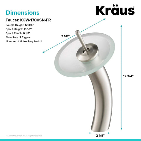 Dimensions of Tall Waterfall Vessel Sink Faucet With Frosted Glass Disk And Satin Nickel Finish KGW 1700 SN FR