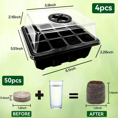 4 Pack Seed Starter Tray Kit with 50 Peat Pellets, 48 Cell Black Seedling Trays, Humidity Lids and Dome for Organic Seed Starting
