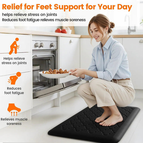 Woman kneeling on Ultra Thick Anti Fatigue Kitchen Mat 0.8 Inch Memory Foam Cushion Non Slip Water Resistant Floor Mat