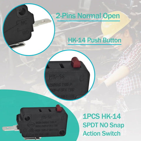 Heavy Duty Pin Plunger Micro Switch 20A 250VAC Dual Action Rated, 2-Pin Normal Open, compact design for industrial use.