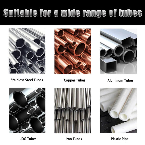 Images of stainless steel, copper, aluminum, JDG, iron, and plastic tubes for Ratcheting Tubing Cutter 2-In-1 Close Quarters Pipe Cutter.