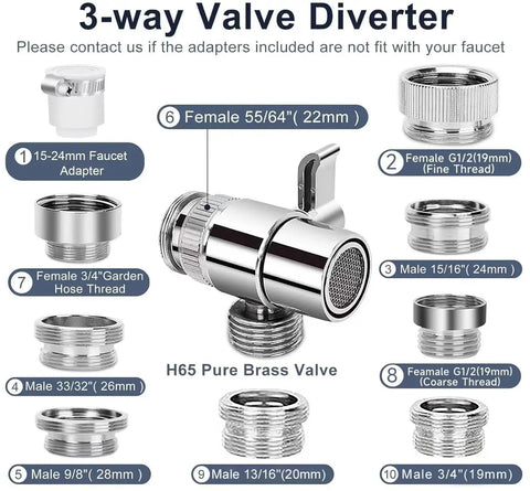 Hella Durable Shower Head Sink Faucet Bathtub Sprayer Attachment With Nine Adapters And Smart Diverter showing valve diverter and adapters.