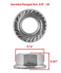 Serrated Flanged Nut: 3/8" - 24, chrome finish, 9/16" width for secure fitting in Polaris Ranger front wheel hub kit.