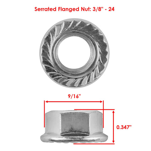 Serrated Flanged Nut: 3/8" - 24, chrome finish, 9/16" width for secure fitting in Polaris Ranger front wheel hub kit.