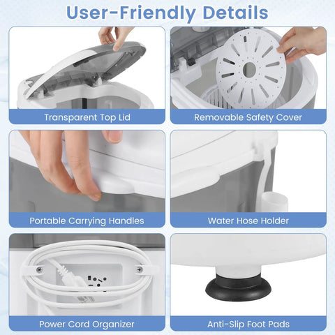 User-friendly features of Slick Compact Mini Washer And Dryer Combo, including handles, lid, and cord organizer.