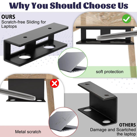 Slick Under Desk Laptop Mount Game Changer For Compact Home Offices Featuring Adjustable Three Piece Brackets shown in comparison for scratch-free use.