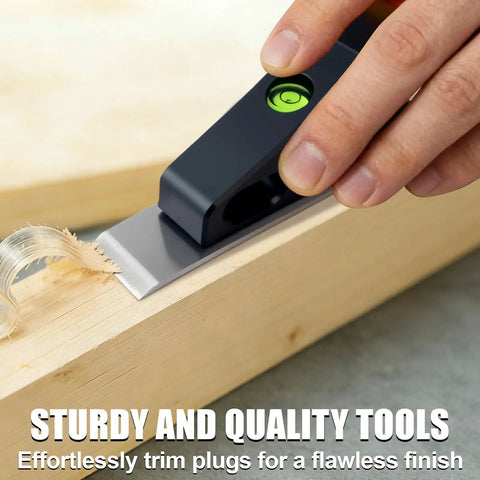 Pro Shop Ready Block Plane With Built In Level And Hardened Steel Blade Compact Aluminum Hand Planer cutting wood with shavings.