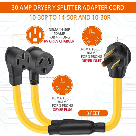 Gotta Charge Both Ride And Rig With This 30 Amp Dryer Y Splitter Converts NEMA 10-30P To Dual 14-50R And 10-30R Ports For Smooth Level 2 EV Charging Plus RV Campins Using Heavy Duty 10 Gauge Wires And Safety Ground In Yellow At Three Feet Long.