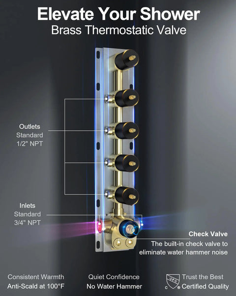 Brass thermostatic valve for 27 Point 5 Inch Ceiling Mount Shower System With Thermostatic Control And 64 Color Led Lighting.
