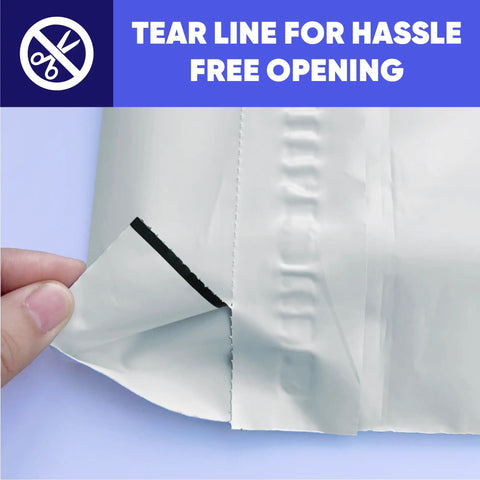 Close-up of 10x13 Heavy Duty Poly Mailers 30 Pack White 3 Mil Waterproof Tear Resistant Self Sealing Shipping Bags with tear line