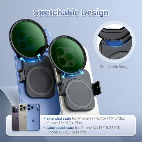 67mm Magnetic Double Sided Phone Lens Filter Adapter Mount With Cold Shoe Pull Out on iPhone 14 and 16 models.