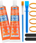 All In One Shoe Repair Glue Kit Heavy Duty 180 ml Waterproof Clear Adhesive For Soles Heels Boots Leather Rubber Canvas Dries In 24 Hours High Strength Bond Easy To Use At Home, includes glue tubes, brush, spreader, sandpaper, and seal rings.