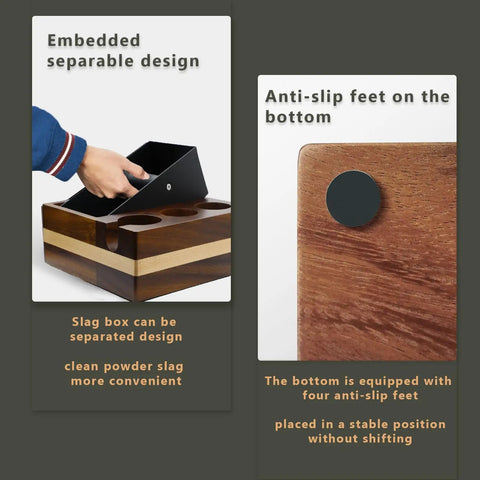 Professional Grade Wooden Espresso Knock Box And Sleek Tamping Station With Beefy Stand Base For Real Hustle Fits Standard 58mm Portafilters Home Barista Setup with anti-slip feet and removable slag box.
