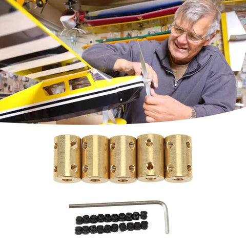 Premium Five Piece RC Brass Shaft Coupling Kit For 5Mm To 5Mm Universal Motor Connectors with brass sleeves and grub screws.
