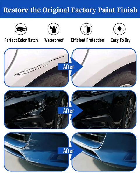 Illustration of paint scratches on car panels with 'before' and 'after' effects using Mercedes Benz Iridium Silver Metallic Touch Up Paint 775 For OEM Car Paint Scratch Repair Pen Two In One Quick And Easy Fix For Nicks And Chips On Luxury Cars And SUVs