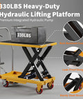 Hydraulic lift table cart by Amazon with yellow platform, black scissor frame, four wheels.