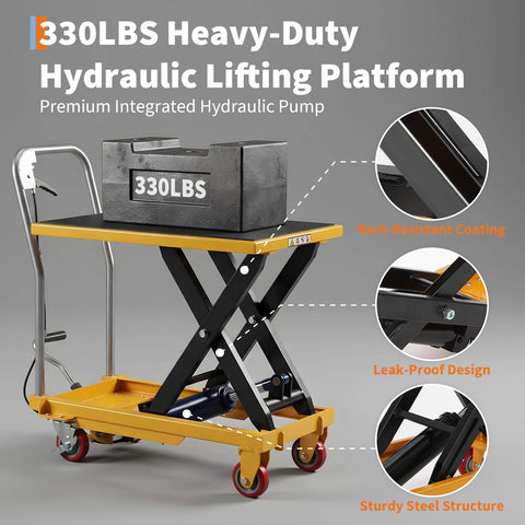Hydraulic lift table cart by Amazon with yellow platform, black scissor frame, four wheels.