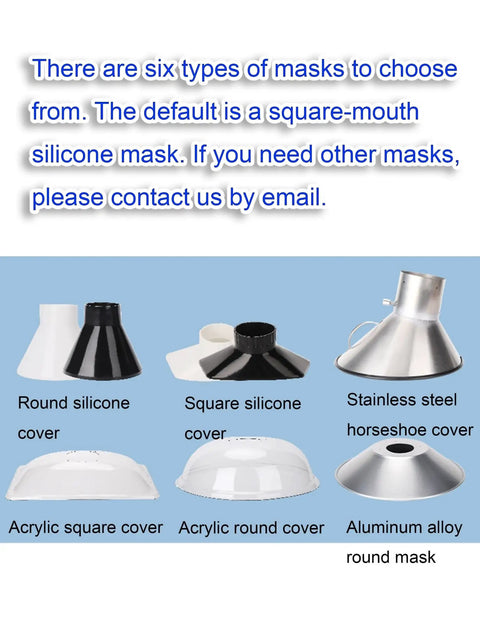 Various mask options including round silicone and acrylic covers, and stainless steel for fume extraction applications.