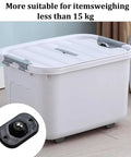 Slick Self Adhesive Mini Swivel Caster Wheels With Sweet 360 Degree Rotation For Nifty Storage Boxes on a white storage bin.