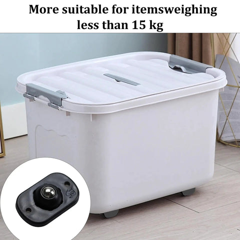 Slick Self Adhesive Mini Swivel Caster Wheels With Sweet 360 Degree Rotation For Nifty Storage Boxes on a white storage bin.