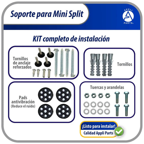 Heavy Duty Mini Split Wall Mount Bracket installation kit with screws, anchors, antivibration pads, and mounting hardware.