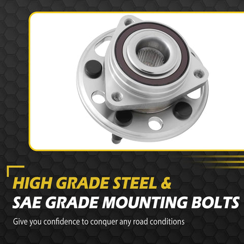 Front close-up view of wheel bearing hub from 2.4L Front Left And Right CV Axles And Front Wheel Bearing Hub Kit For 2010 To 2017 Chevy Equinox And GMC Terrain With Shaft Replacement Direct Fit Heavy Duty Construction Ready To Install featuring steel construction.