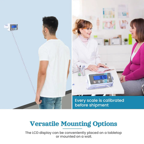Beefy And Sturdy Extra Wide Medical Digital Body Weight Scale 440 Lb Capacity With Ultra Clear LCD Readout shown wall and table mounted