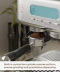 Straight Up Game Changer Espresso Machine With Built In Grinder And Genuine 20 Bar Pressure, showing the conical burr grinder in action.