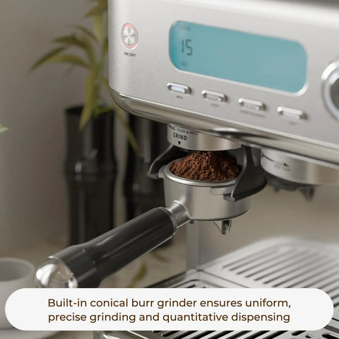 Straight Up Game Changer Espresso Machine With Built In Grinder And Genuine 20 Bar Pressure, showing the conical burr grinder in action.