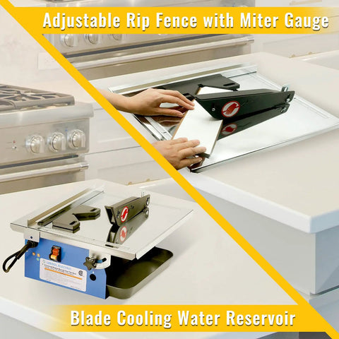 Heavy Duty Seven Inch Electric Wet Tile Saw Brings Hardcore Power With A Fast Induction Motor Handling Zero To Forty Five Degree Bevel Cuts While The Adjustable Rip Fence Miter Gauge And Cool Water Reservoir Deliver No Sweat Precision Cutting