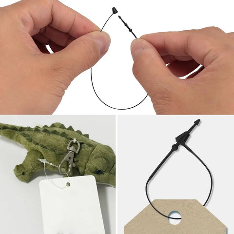 Hands using Clear 3 Inch Plastic Fasteners 500 Pack For Retail Hang Tags And Price Tags With Snap Lock Pins on items.