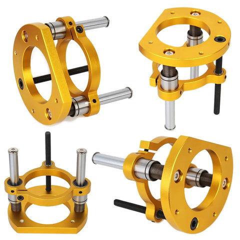 Adjustable Router Lift For 63.5-65mm Diameter Universal Trimming Machines In Aluminum Alloy Under-Table Base Clamping Lifting System With Slick Height Adjustment And Gold Finish, four angles