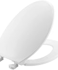 Elongated Plastic Toilet Seat With Easy Clean And Change Hinges, Four Color Matched Bumpers, Solid Plastic Construction, Non Corrosive Bolts And Wing Nuts, Fits All Elongated Toilets For Residential Use shown angled