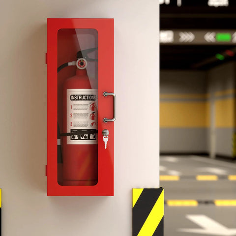Wall Mount Fire Extinguisher Cabinet With Handle And Lock Red Heavy Duty Steel Storage Box For 10Lb Extinguisher Built To Last 24 Inch High 9 Inch Wide 6 Inch Deep Plexiglass Window Weatherproof Indoor Outdoor Use