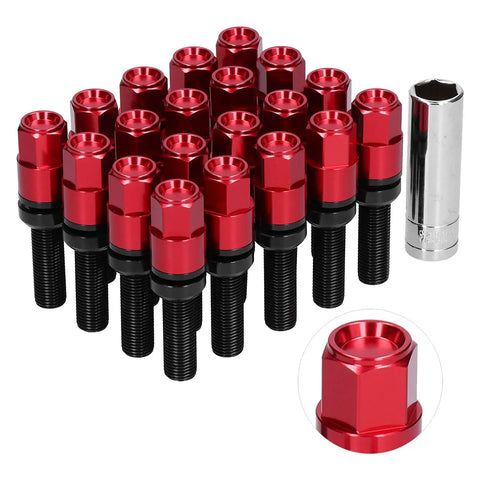 Rock Out With These 21 PC Extended Lug Kit Nuts Featuring M14x15 Thread Fitment For Serious Auto Mods and Style Upgrades That Slam Your Ride Down Low With Maximum Grip And Durability On The Block., red M14x1.5 steel extended lug nuts set with socket