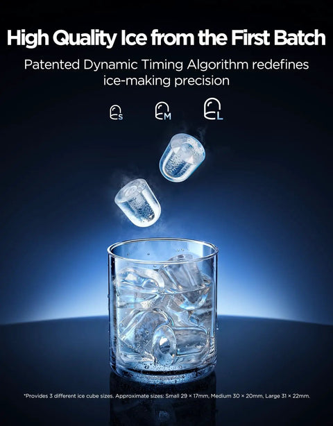 Real Talk Smart Countertop Ice Maker Cranks Out Fresh Ice In Three Minutes with high-quality ice cubes in glass.
