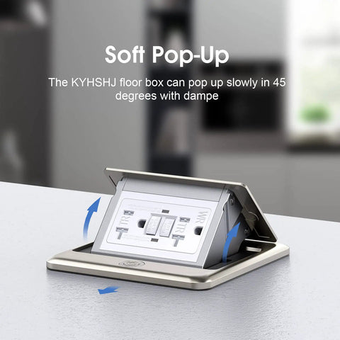 Pop Up Floor Electrical Outlet With 20 Amp GFCI, Stainless Steel Hidden Countertop Box shown with open flip cover on table