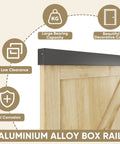 Six Foot Barn Door Hardware Kit Black Aluminum Box Rail detail showing low clearance and decorative cover on wooden door