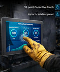 10.1 Inch Industrial Panel PC with 10 Point Capacitive Touch Screen displaying factory data dashboard in a work environment.