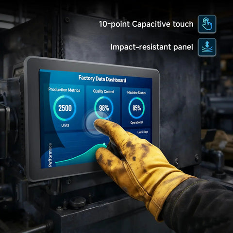 10.1 Inch Industrial Panel PC with 10 Point Capacitive Touch Screen displaying factory data dashboard in a work environment.
