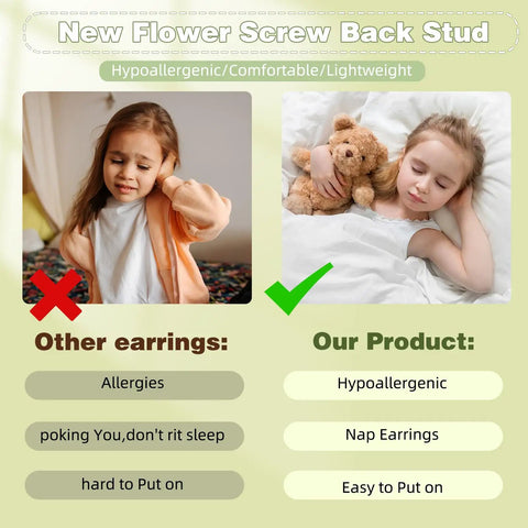 8 Pair Hypoallergenic Earring Set For Babies To Teens, Nickel Free Titanium And 14K Gold Plated Screw Back Studs, Flat Back Comfort For Sensitive Ears, Cute Flower Heart Star Ball Dot Mouse Designs, Baby First Jewelry. Comparison image of sleeping child with teddy bear