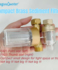 Space Saver Brass Sediment Filter 50 Micron Reusable Water Filter Anti Scale Yellow Traps Rust Mud Sand Compact Portable For Tight Spaces Apartments Travel Half Inch Connections on hand