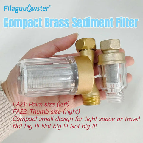 Space Saver Brass Sediment Filter 50 Micron Reusable Water Filter Anti Scale Yellow Traps Rust Mud Sand Compact Portable For Tight Spaces Apartments Travel Half Inch Connections on hand